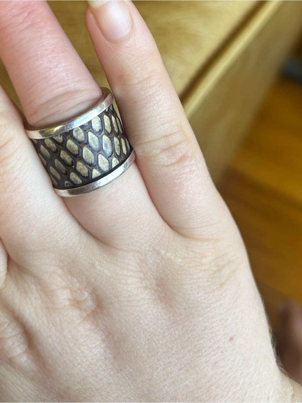 Wide Textured Silver-Tone Patterned Ring - Black and Silver